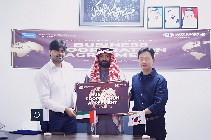 [Nasir Ahmad of Septacore, left, Asif Ali, CEO of Interworld, center, and Kim Soo-young, CEO of Cleanup Systems, pose for a commemorative photograph during the memorandum of understanding and long-term supply agreement signing ceremony held at Interworld’s headquarters in Dubai on May 27, 2026.]