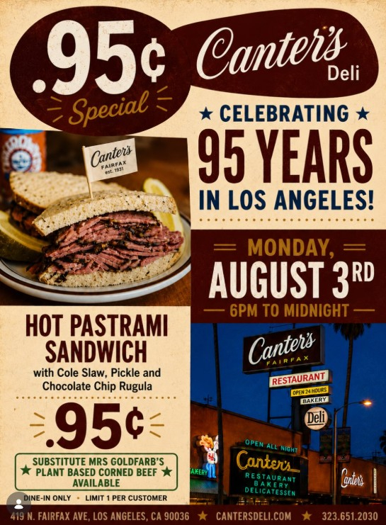 LA 페어팩스 지역의 명물 유대식 델리인 캔터스 델리(Canter's Deli)가 개점 95주년을 맞아 오는 8월 3일 오후 6시부터 자정까지 대표 메뉴인 파스트라미 샌드위치 세트를 95센트에 판매하는 특별 행사를 진행한다. 행사는 매장 식사 고객에 한해 1인당 1세트로 제한된다. [캔터스 델리 인스타그램]