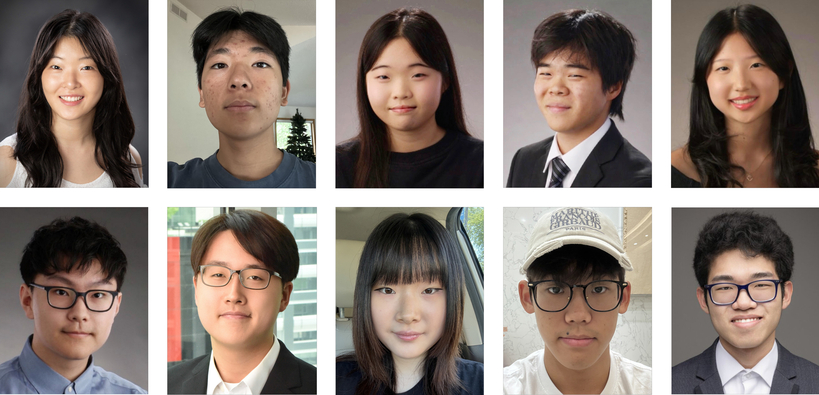 왼쪽 위부터 시계 방향으로 Ashley Baek, David Park, Jana Ahn, Jaden Ahn, Sophia Lim, Jiho Park, Christopher Choi, Yerin Jeon, Justin Kim, Austin Park 