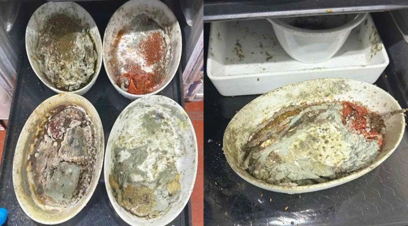 LAX 인근 항공기 기내식 업체 플라잉푸드그룹 시설에서 발견됐다고 노조가 주장한 곰팡이 낀 식기와 부패한 음식물. 노조는 해당 시설의 위생·안전 문제를 Cal/OSHA에 신고했다. [UNITE HERE Local 11-KTLA 캡쳐]