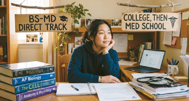 의대 대학원에 꼭 입학해서 MD가 되겠다는 자녀는 학부-의대 연계(BS-MD) 프로그램에 지원하는 것도 시간과 돈을 절약하는 방법이 될 수 있다. 12학년 학생이 의대를 갈 수 있는 2가지 방법을 고민하고 있다. [제미나이 생성]