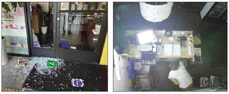 정식당 출입문 유리가 깨져 파편이 흩어져 있다. 오른쪽은 절도범이 카운터를 뒤지고 있는 모습. [정식당 제공]