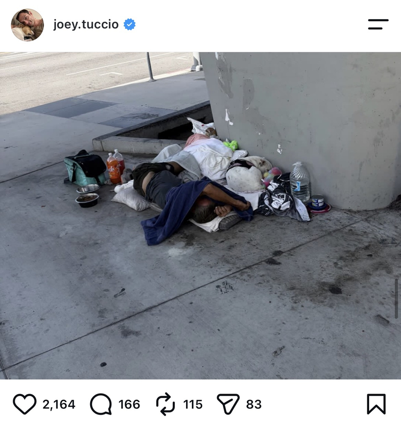 스타츠 위드 원 투데이(Starts With One Today) 활동가 조이 투치오(Joey Tuccio)가 본인의 인스타그램 게시물에서 노숙인의 반려동물 방치 실태를 비판하고 있다.