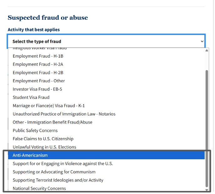 USCIS 온라인 제보 신고 항목에 반미주의 관련 행동들이 추가됐다. [USCIS 웹사이트 캡처]