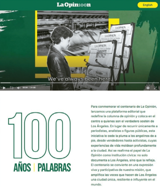스페인어 일간지 ‘라 오피니온’이 16일 창간 100주년을 맞았다. [웹사이트 캡처]