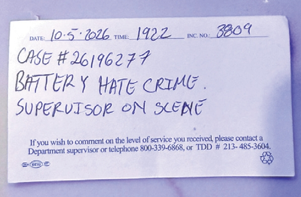 경찰 리포트에는 사건번호와 함께 폭행 관련 증오범죄(Battery Hate Crime)라고 명시돼 있다.  [본인 제공]