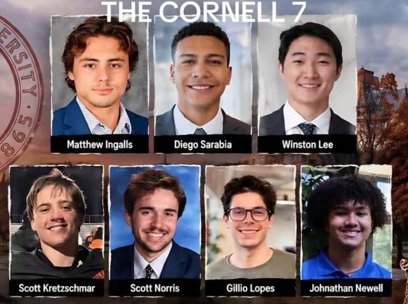 애니메이션 '사우스 파크'의 전 작가 토비 모턴이 개설한 웹사이트 '더 코넬 7(The Cornell 7)'에 코넬대 집단 성폭행 의혹 사건의 피고 남성 7명의 실명과 사진이 공개돼 있다. [웹사이트 캡처]