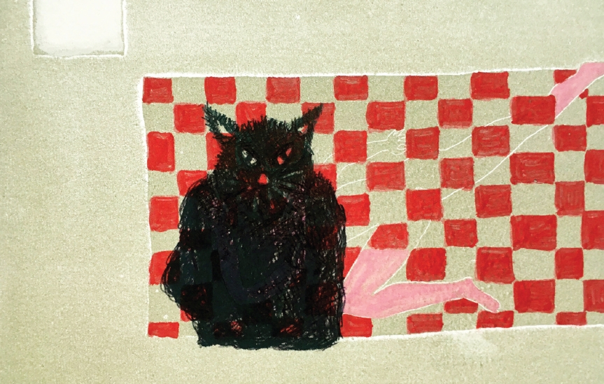 sooim lee, the red eye black cat, monoprint, 2010. 5.5x6.75 in