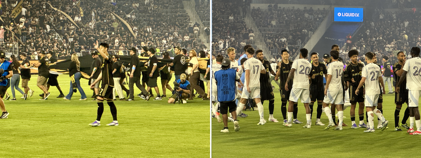 드디어 LAFC와 샌디에이고FC와의 경기가 시작됐다. 손흥민 선수가 휘슬이 울리기 전 팬들에게 손을 들고 화답하고 있다. 손흥민 선수가 샌디에이고 FC 선수들과 악수를 하고 있는 모습.