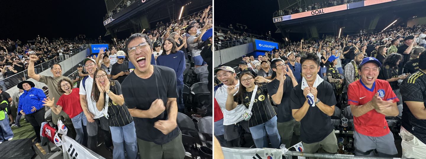 전반 15분, LAFC의 드니 브앙가가 골망을 흔들자 경기장은 순간 들썩였다. 스코어보드에 1:0이 찍히는 순간, 관중석 곳곳에서 터져 나온 환호성은 마치 폭발음처럼 울려 퍼졌다. 특히 태극기를 흔들며 손흥민의 첫 홈경기를 지켜보던 한인 팬들은 일제히 자리에서 벌떡 일어나 환호를 쏟아내며 뜨거운 열기를 더했다.