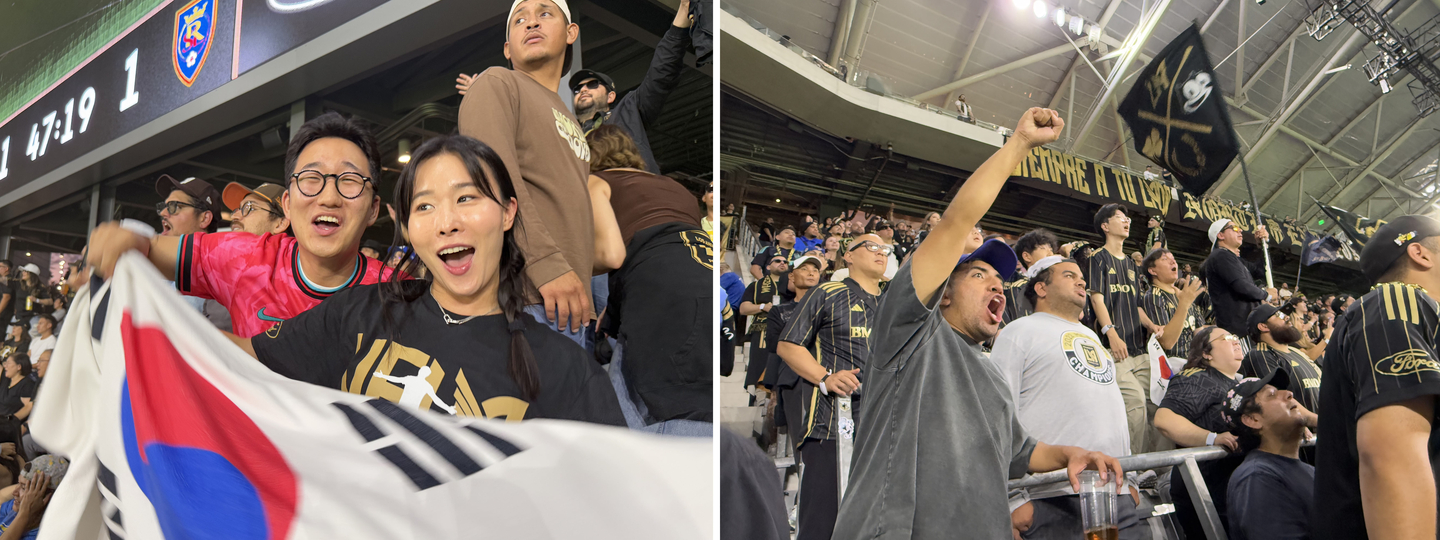 태극기를 들고 응원 중인 한인 팬들(왼쪽). 손흥민의 추가 골이 터져나오는 순간 LAFC 공식 서포터스 '3252' 팬들이 환호하고 있다 (오른쪽).