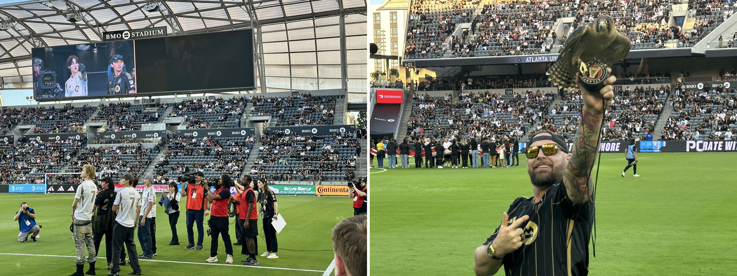 LAFC의 상징적인 경기 전 세리머니인 ‘매 날리기(Falcon Flight)’가 시작됐다. LAFC의 경기 시작을 알리며 BMO 스타디움 상공을 비행했다. ‘매 날리기’는 LAFC의 고유한 홈경기 전통으로, 팀의 힘과 단결을 상징하는 의식이다. 팬들은 매 경기마다 팔콘의 비행과 함께 본격적인 승부의 시작을 실감한다.