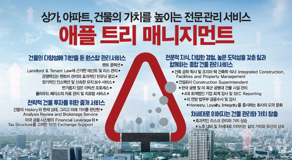 애플 트리 매니지먼트는 건물의 특성과 다양성에 기반을 둔 원스탑 관리 서비스를 제공한다. 