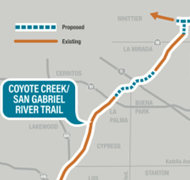 OC교통국이 진행하는 OC 바이크 루프 프로젝트 지도의 일부. 지도 가운데 파란 점선 부분이 부에나파크를 지나는 연결 구간. [OCTA 웹사이트]