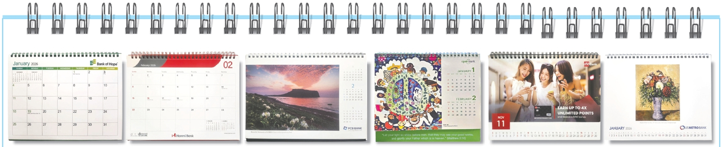 한인 은행들이 각양각색의 내년 달력을 고객들에게 선보여 관심을 끈다. 왼쪽부터 뱅크오브호프, 한미은행, PCB 뱅크, 오픈뱅크, CBB 뱅크, US메트로 뱅크의 2026년 탁상형 달력. 