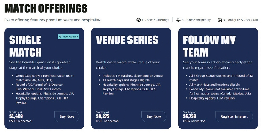 여러 종류의 티켓을 판매하는 FIFA 공식 판매 홈페이지. [웹사이트 캡처]