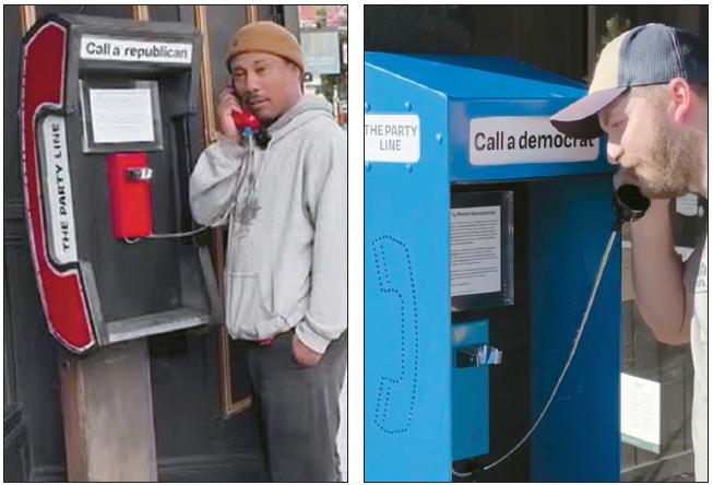 왼쪽은 텍사스 애빌린에서 공중전화로 통화 중인 공화당 지지자. 오른쪽은 샌프란시스코서 민주당 지지자가 전화하는 모습. [ABC7 캡처]
