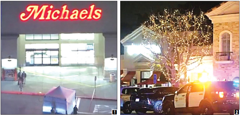 (1) 웨스트힐스의 마이클스 매장 앞에서 셰리프국 요원들이 현장 조사를 하고 있다. (2)칼라바사스의 유명 쇼핑몰인 '더 커먼스 앳 칼라바사스'에서 경찰관들이 현장조사를 벌이고 있다. [KTLA·NBC4 캡처]