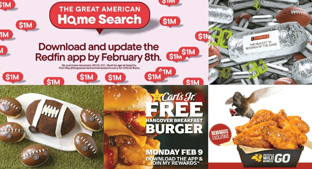 (왼쪽 위부터 시계방향으로) 레드핀의 주택 경품 행사 홍보자료. 치폴레, 버팔로 와일드 윙스, 칼스주니어의 수퍼보울 이벤트 광고. 8일까지 판매되는 파리바게뜨의 한정판 디저트. [업체 제공]