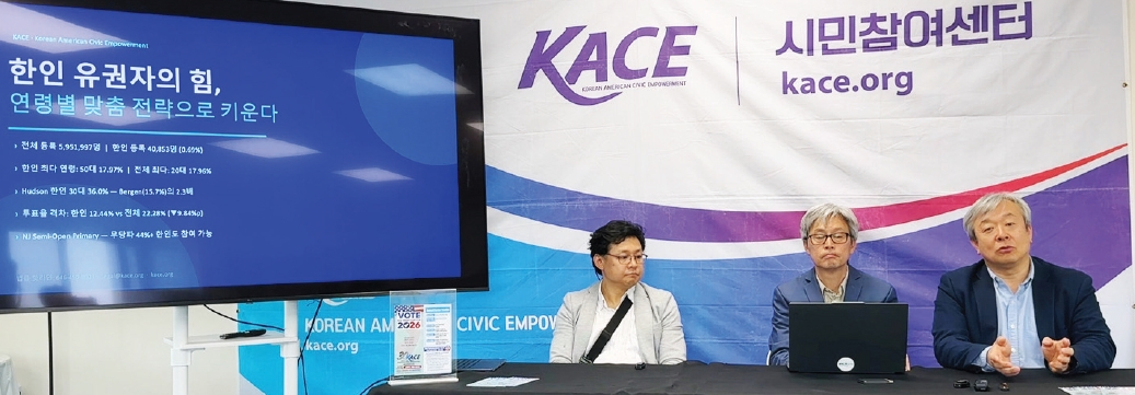 5일 시민참여센터(KACE) 뉴저지 사무실에서 지난해 뉴저지 유권자 데이터 분석 결과를 발표하는 김동찬 대표(오른쪽).  [사진 시민참여센터]