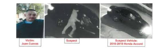 LAPD가 공개한 수배 전단 (왼쪽부터 피해자 후안 쿠에바스, 용의자, 혼다 어코드 용의 차량) [LAPD 제공]