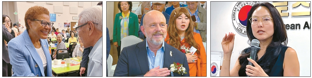 왼쪽부터 윌셔양로보건센터를 찾은 캐런 배스 시장, 한인타운 타운홀 미팅에서 국민의례 중인 스티브 힐튼 가주 주지사 후보, 한인회 기자회견에 참석중인 제인 김 가주 보험국장 후보.           김상진·김경준 기자